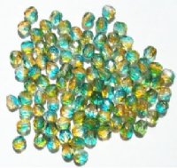 100 4mm Faceted Crystal, Green, & Topaz Firepolish Beads